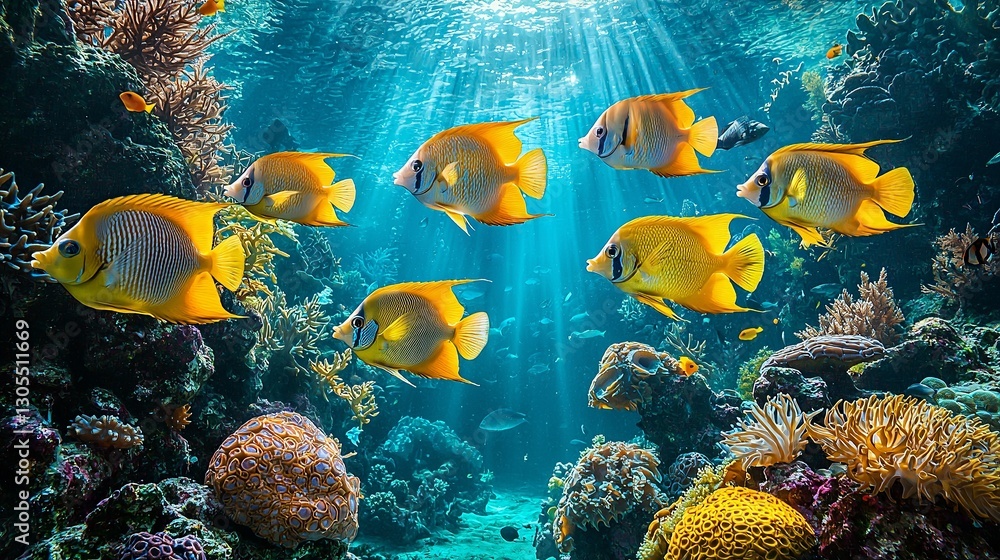 Naklejka premium A group of yellow fish swimming over a coral reef