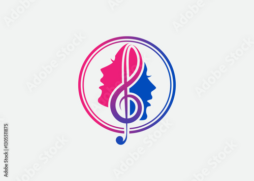 Treble Clef with head, Singer Vocal Choir with Music Notes , Singing Karaoke Woman Face Silhouette logo design