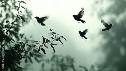 A group of birds flying through the air near a tree