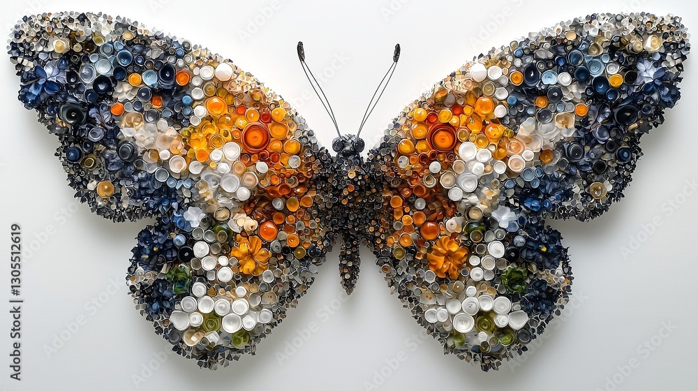 A butterfly made out of plastic bottles on a white surface A butterfly made out of plastic bottles on a white surface