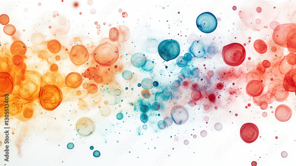 Colorful ink droplets create a layered effect of movement and depth on a white background Colorful ink droplets create a layered effect of movement and depth on a white background