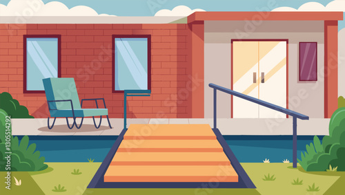 The outdoor patio of a senior home has been fitted with antislip mats and a ramp for easy wheelchair access.. Vector illustration