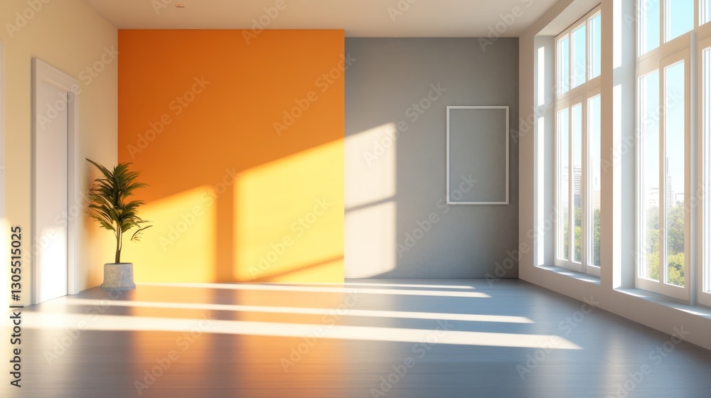 Fototapeta premium Sunny Interior Empty Room with Orange and Gray Walls