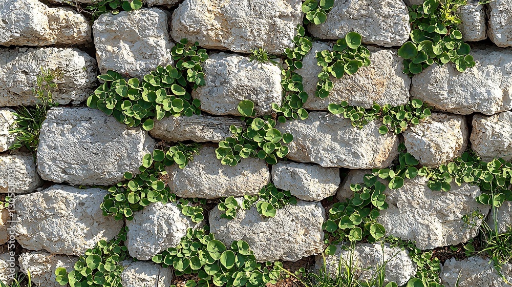 A stone wall covered in green plants and grass A stone wall covered in green plants and grass