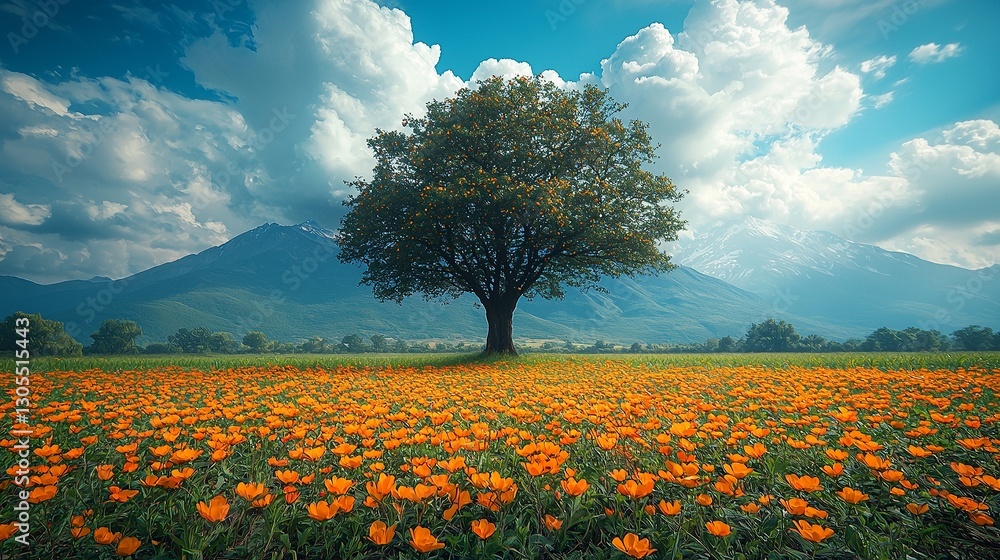 Obraz premium A lone tree in a field of orange flowers under a cloudy sky