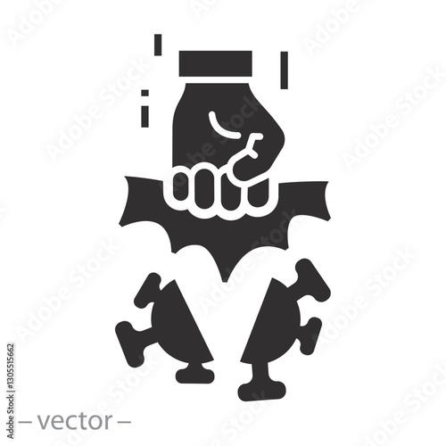 fist kick by bacteria icon, victory over coronavirus, virus defeated, conquer infection disease, flat vector illustration