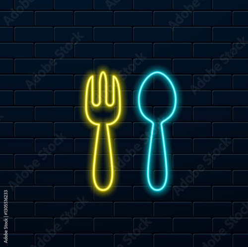 Outline neon cutlery icon set. Glowing neon cutlery set with fork, knife and spoon. Kitchen tableware, cutlery, festive dinner, restaurant meal, dining table, canteen. Vector icons