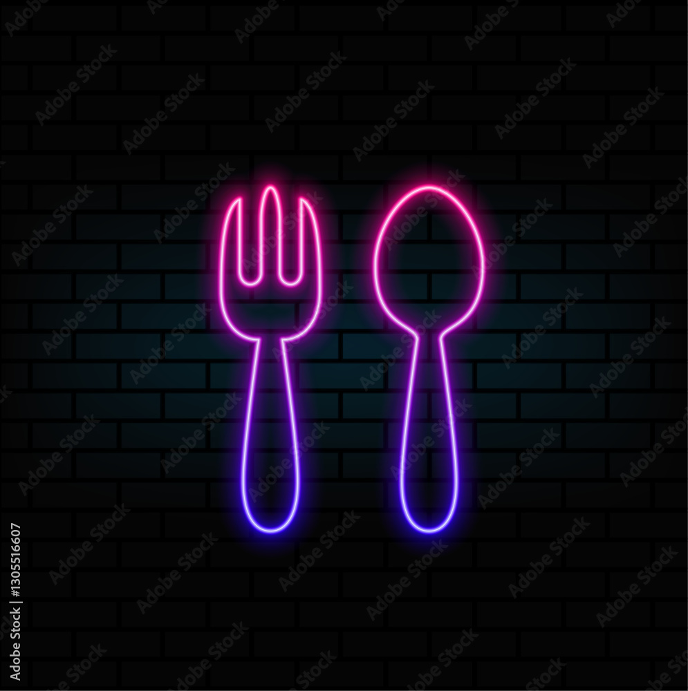Spoon and a fork neon sign. Ensemble. Neon sign, bright signboard Spoon and a fork neon sign. Ensemble. Neon sign, bright signboard