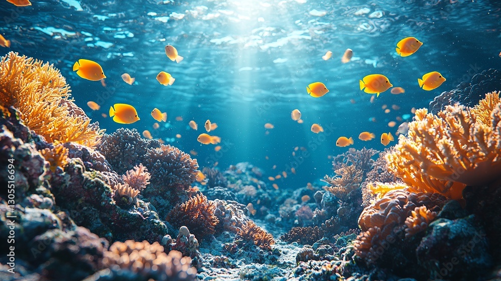 Fototapeta premium A large group of fish swimming over a coral reef