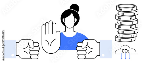 Woman raising hand to stop clenched fists, symbolizing opposition to harm, juxtaposed with coins and CO2 emissions. Ideal for ethics, social justice, environmental conservation, activism