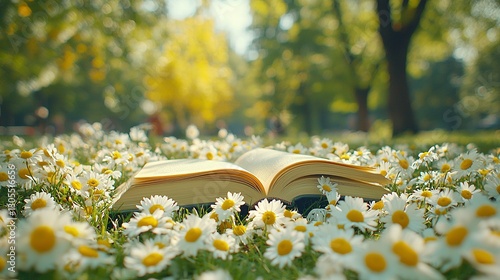 an open book in the middle of a field of daisies