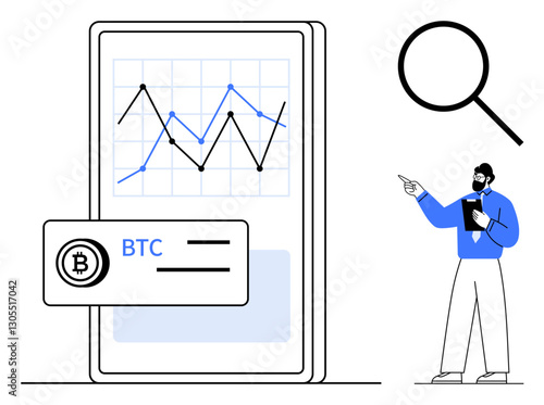 Display of Bitcoin analytics on phone with fluctuating graph, BTC icon, analyst examining trends. Ideal for fintech, cryptocurrency, stock market, analysis, investment technology trading. Flat