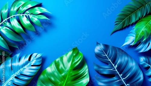 tropical_leaves_blue_background_monstera_palms