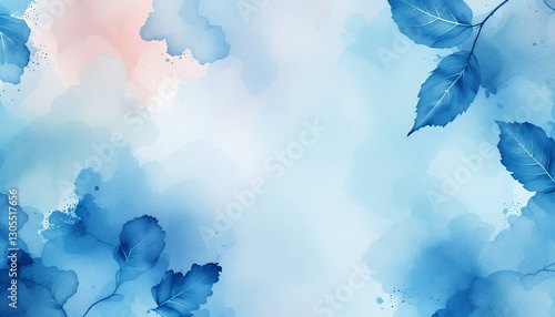 watercolor-floral-background-blue-peach-leaves