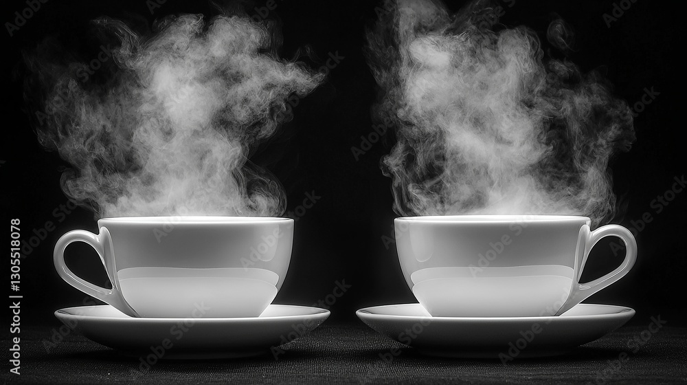 Two white cups and saucers with steam coming out of them Two white cups and saucers with steam coming out of them