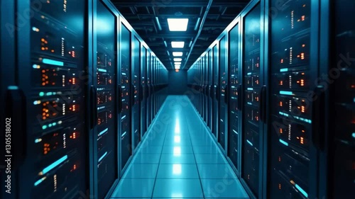 A sleek, futuristic data center with rows of glowing servers lining a blue-lit corridor. The ambient lighting and advanced technology create a high-tech and cinematic atmosphere. Generative AI