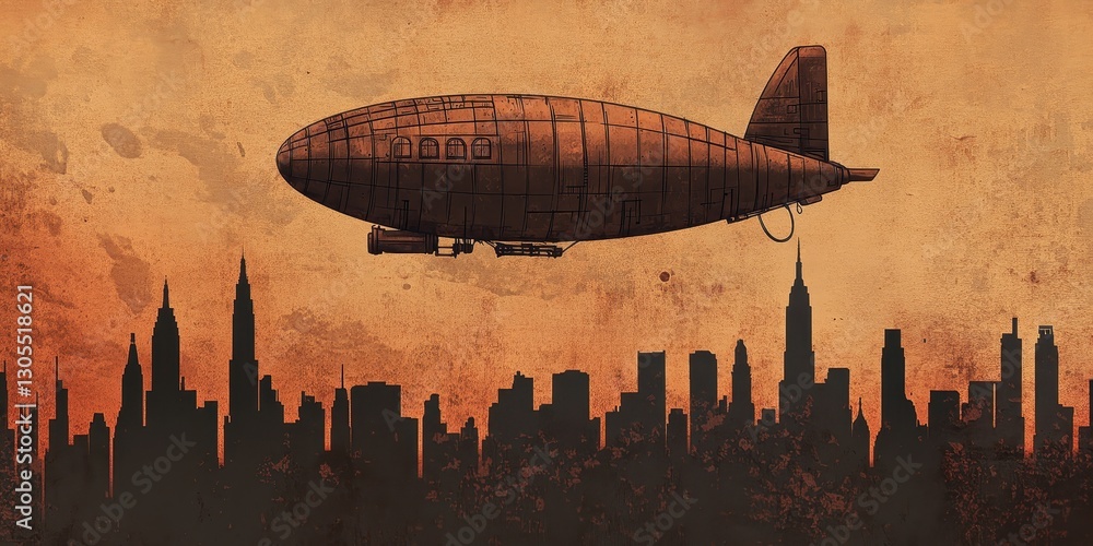 Naklejka premium A vintage airship flies above a city skyline at dusk