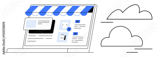 Laptop featuring an online storefront with product listings, notifications, and a striped awning. Accompanied by cloud elements. Ideal for e-commerce, digital marketing, web design, technology, cloud