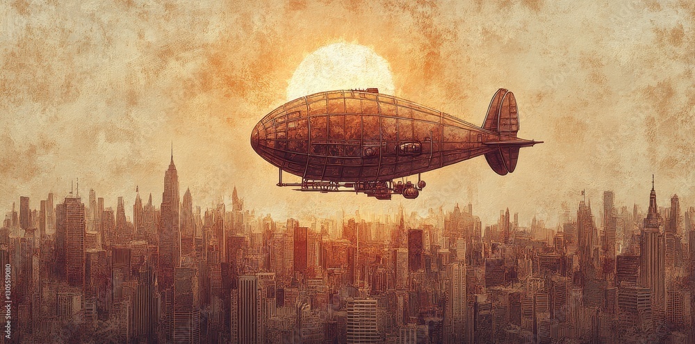 Naklejka premium A vintage airship flies over a sprawling metropolitan city landscape