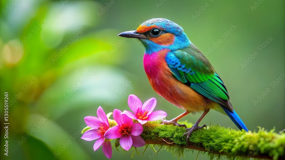 Fototapeta premium Vibrant Tropical Bird Perched on Mossy Branch with Pink Flowers in Lush Green Foliage