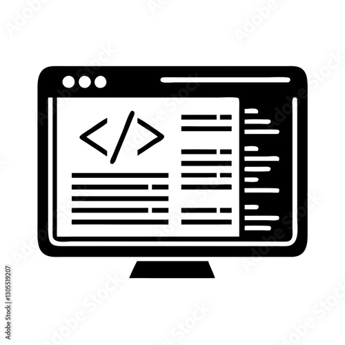 Computer with coding icon, minimalist style, black and white design, copy space