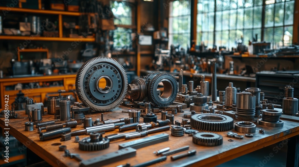 Obraz premium Close-up view of disassembled car transmission gear on workbench. Parts meticulously arranged for repair maintenance at garage factory. Industrial mechanism. Complex gear system 32k Resolution