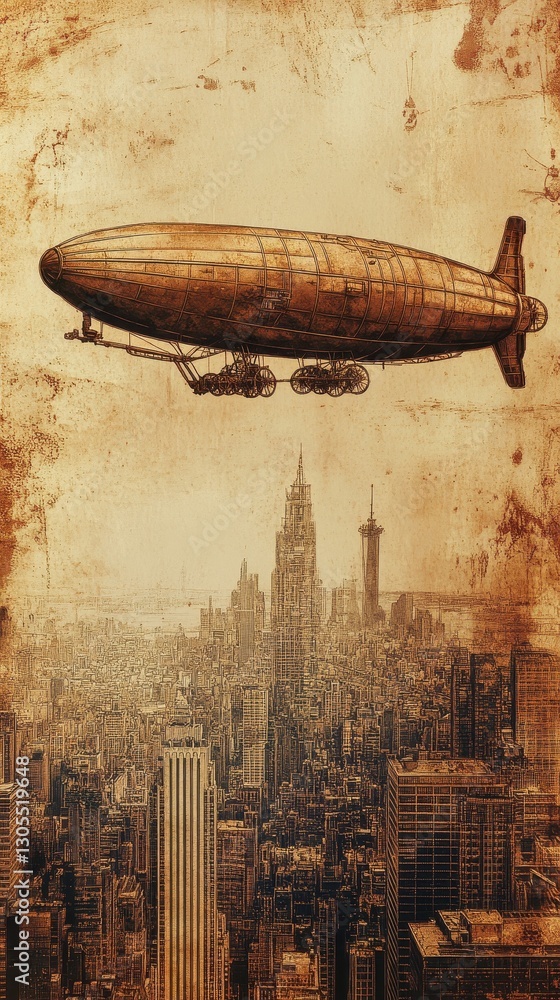 Fototapeta premium A vintage airship hovers above a large detailed cityscape below