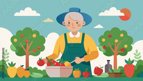 With a backyard filled with fruit trees and garden beds a Baby Boomer enjoys cooking with fresh homegrown ingredients and sharing their bounty with friends and family.. Vector illustration