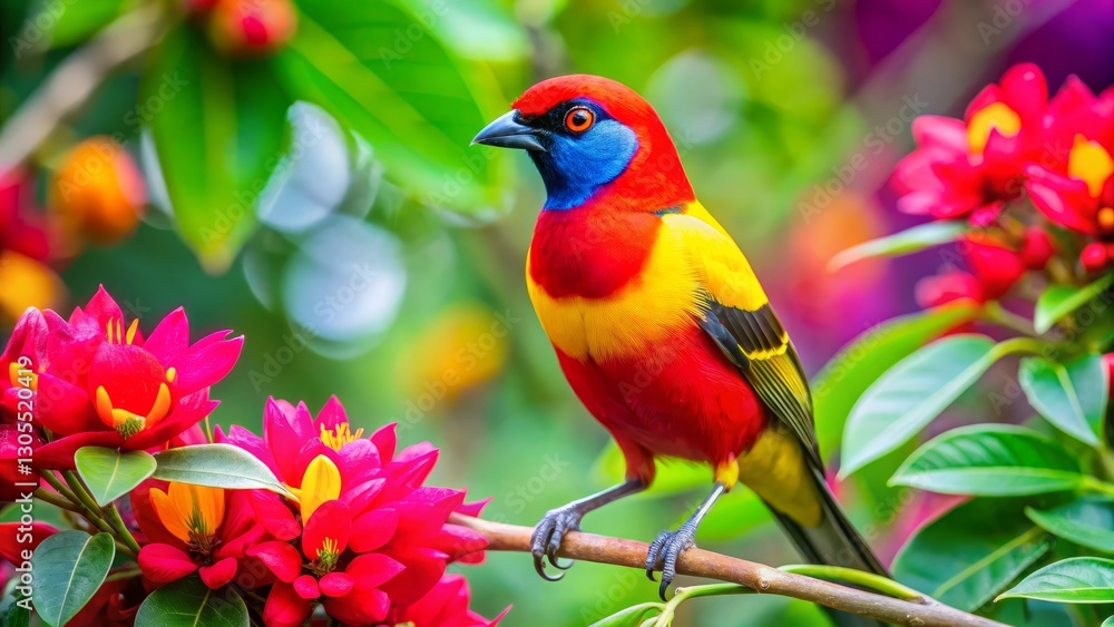 A Vibrant Crimson Bird Perched on a Branch Amidst a Lush Garden of Vivid Red Flowers A Vibrant Crimson Bird Perched on a Branch Amidst a Lush Garden of Vivid Red Flowers