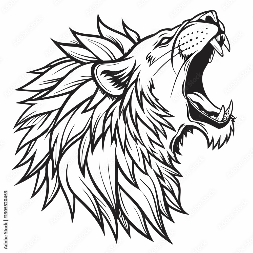 Obraz premium A fierce roaring lion head tattoo-style engraving sketch, created with generative AI. Perfect for tattoos, logos, and bold designs. High-quality vector illustration