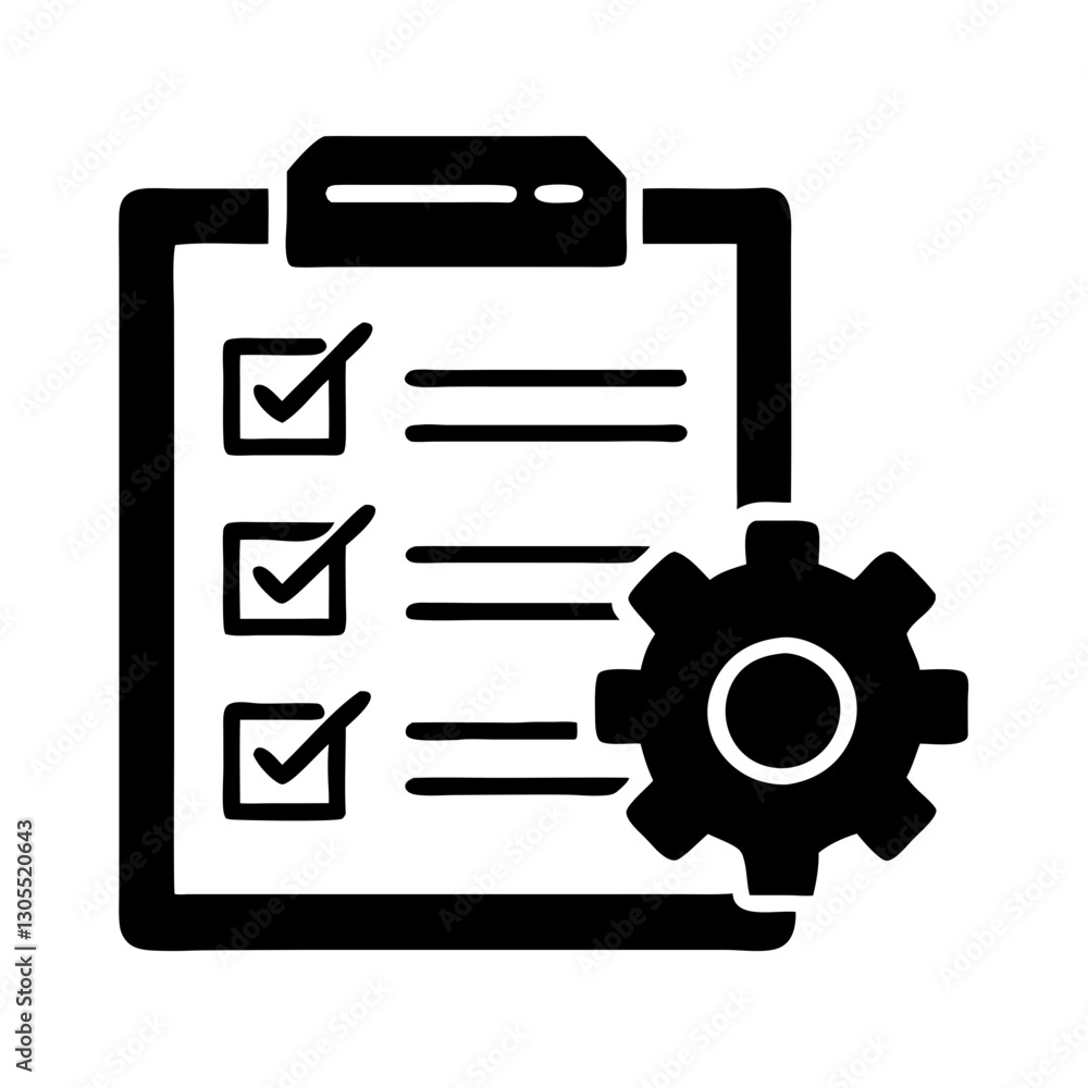 Project management icon with checklist and gear, minimalist style, black and white design, copy space Project management icon with checklist and gear, minimalist style, black and white design, copy space