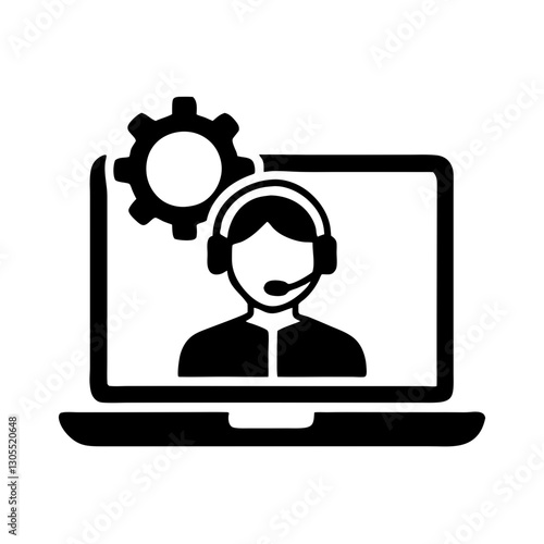 Technical support icon with headset and gear, minimalist style, black and white design, copy space
