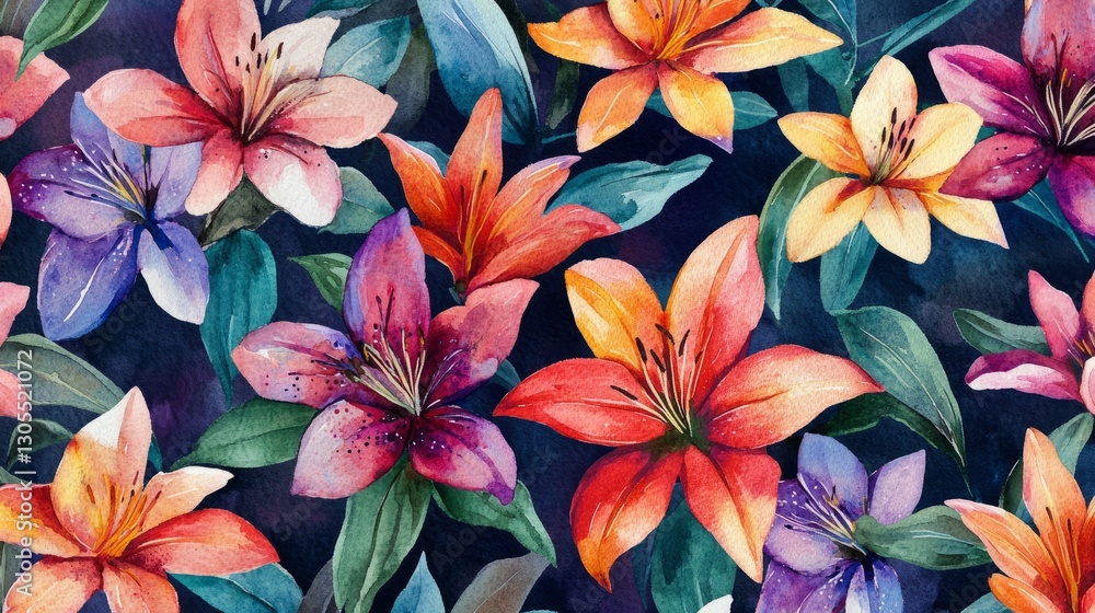 Watercolor painting showcasing a vibrant and seamless pattern of colorful lilies, creating a captivating floral design against a dark blue backdrop Watercolor painting showcasing a vibrant and seamless pattern of colorful lilies, creating a captivating floral design against a dark blue backdrop