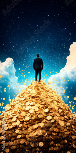 Businessman Standing On A Mountain Of Gold Coins Under A Starry Sky, Symbolizing Wealth, Success, Financial Independence, Prosperity, And Luxury. Concept Of Economic Growth And Investment