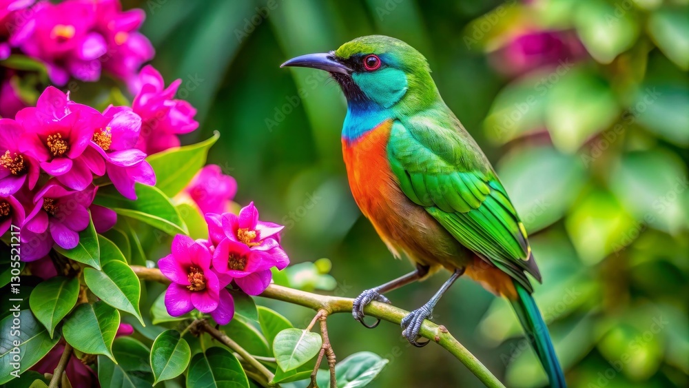 Obraz premium Vibrant tropical bird perched on a flowering branch, showcasing its iridescent plumage amidst lush green foliage and vivid pink blossoms.