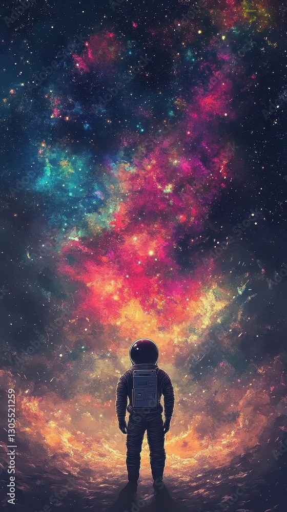 An astronaut observes a vibrant and colorful cosmic nebula in space An astronaut observes a vibrant and colorful cosmic nebula in space