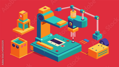 With a gentle rumble a 3D printer comes to life churning out a series of intricate parts that will be used in the assembly of a working robotic arm.. Vector illustration