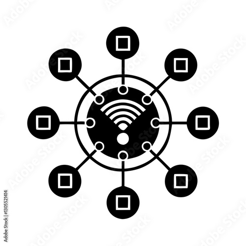 Internet of Things (IoT) icon with Wi-Fi and connections, minimalist style, black and white design, copy space
