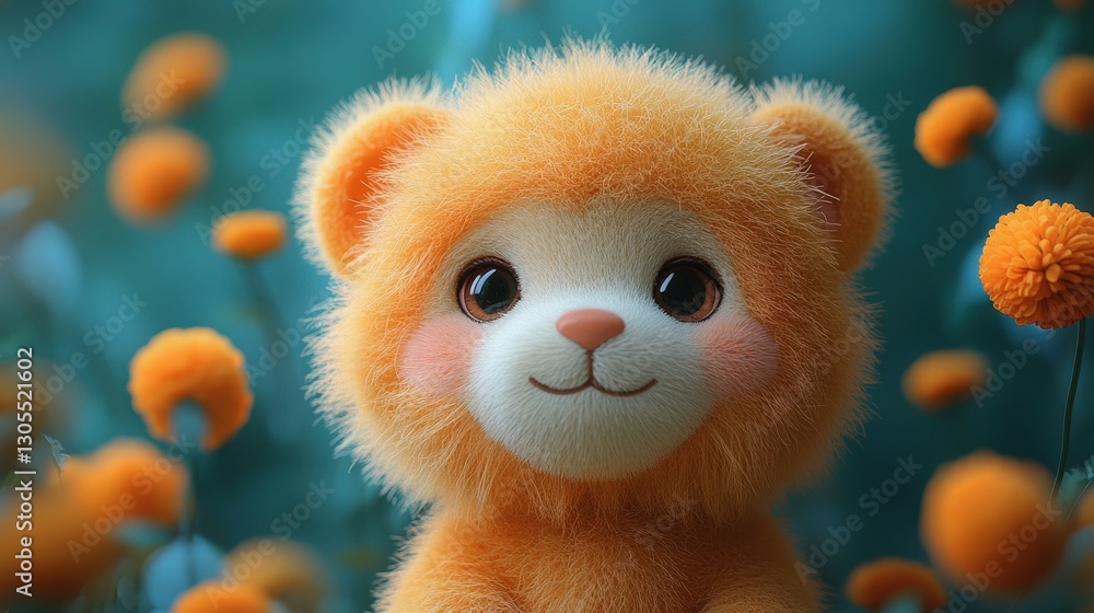 Fluffy lion cub amidst orange blooms Fluffy lion cub amidst orange blooms