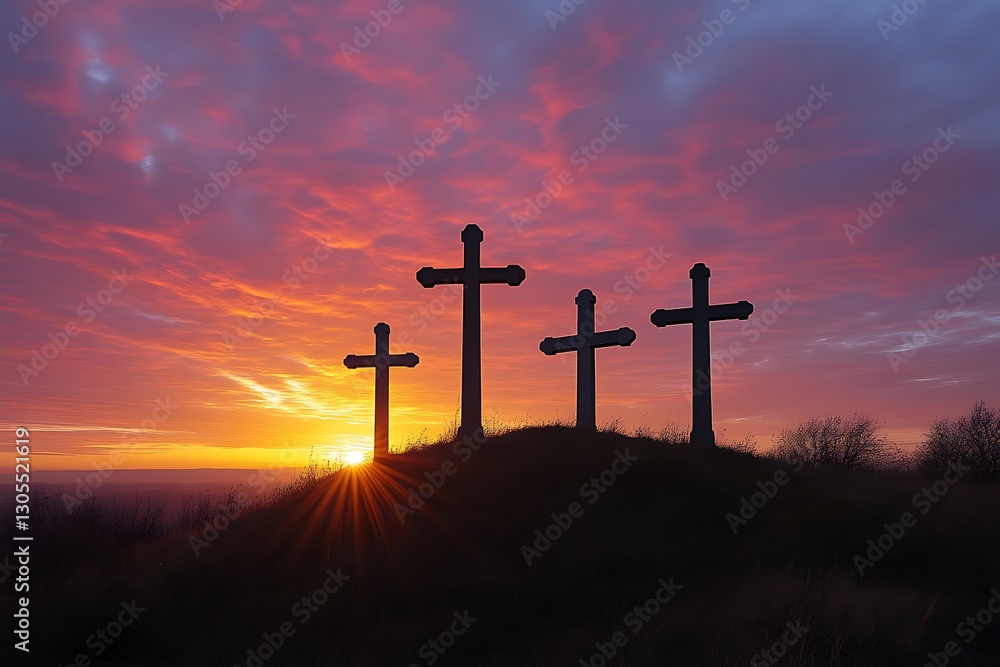Hillside crosses glow under colorful dawn sky Hillside crosses glow under colorful dawn sky
