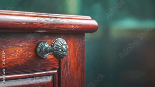 Close-up of an ornate wooden drawer handle on a rich mahogany dresser against a blurred background