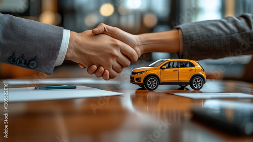 Business handshake with yellow car model finalizing automobile deal