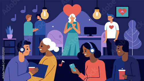 The room fills with the sounds of seasoned voices weaving tales of love loss and lessons learned.. Vector illustration