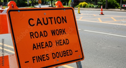 Caution Road Work Ahead Sign on City Street for Driver Safety