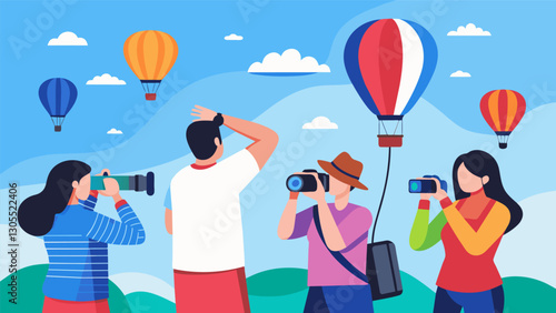 With their lenses pointed towards the sky the photography club marvels at the colorful hot air balloons soaring above on a clear summer day.. Vector illustration