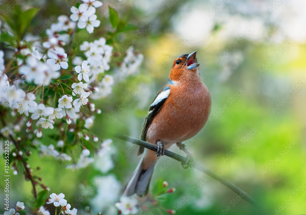 Fototapeta premium spring bird chaffinch male singing in spring sunny garden sitting on branch of cherry blossom