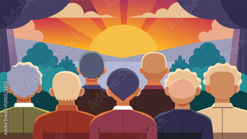 The sun sets over the horizon as the seniors take the stage their graying hair and wrinkled skin a testament to the wisdom they bring through their words.. Vector illustration