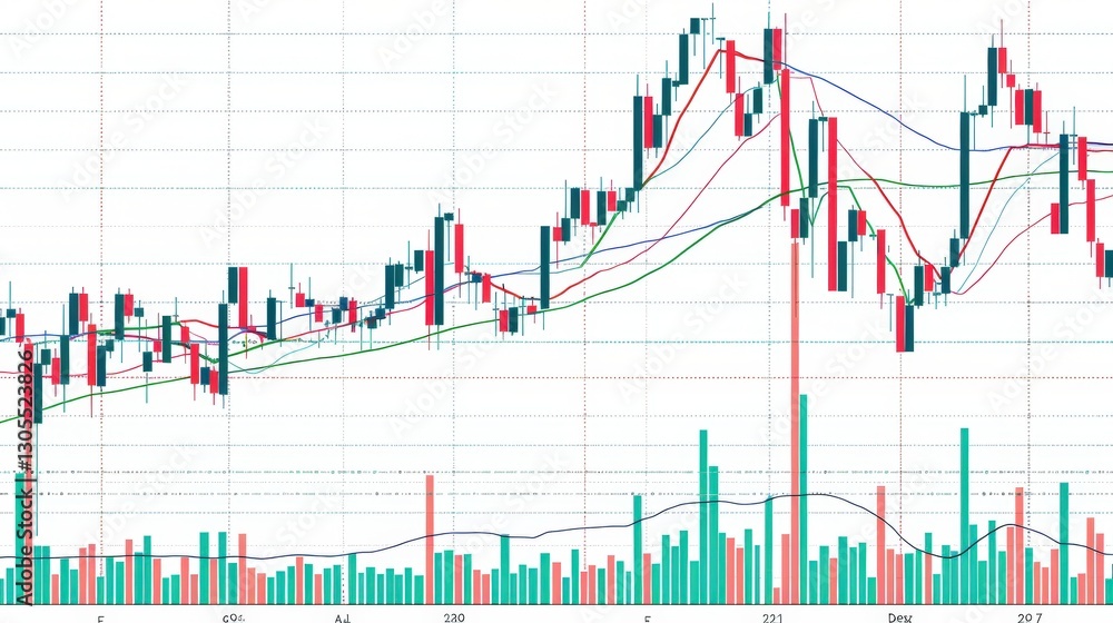 Market trading graph illustrates currency fluctuations with various candlestick patterns, connected moving averages, and volume indicators throughout the trading period. Market trading graph illustrates currency fluctuations with various candlestick patterns, connected moving averages, and volume indicators throughout the trading period.