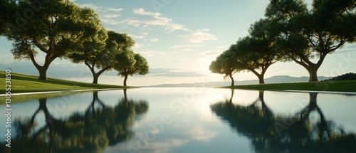 Majestic trees line a still lake under a bright sky, their reflections creating a symmetrical, tranquil vista of natural beauty. photo