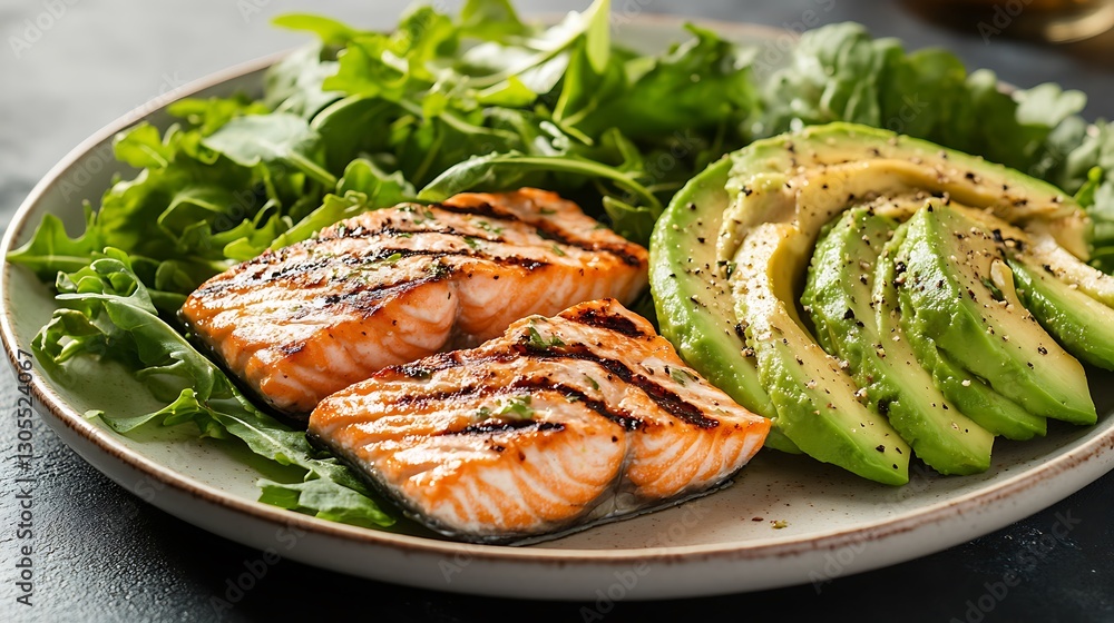 Low carb plate featuring grilled salmon avocado slices and leafy greens demonstrating a healthy ketogenic meal under bright photography lighting Low carb plate featuring grilled salmon avocado slices and leafy greens demonstrating a healthy ketogenic meal under bright photography lighting